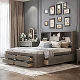 Elyveont Gray King Bed Frame with Storage Headboard & 8 Drawers