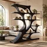 PREAUREUM Artistic Wooden Bookshelf, Solid Wood Curved Bookcase with Open Shelves, Freestanding Display Storage for Living Room