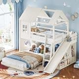 Bellemave House Bunk Bed Twin Over Full with Slide & Storage for Kids,Beige