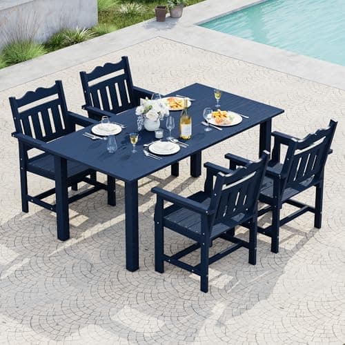 SANLUCE 5-Piece Outdoor Dining Set for 4, HIPS Rectangular Patio Table and 4 Chairs with Umbrella Hole, All-Weather Patio Dining Furniture Sets for Garden, Backyard, Lawn and Poolside, Navy Blue