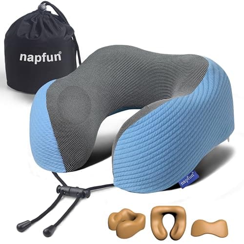 napfun Neck Pillow for Traveling, Upgraded Travel Neck Pillow for Airplane 100% Pure Memory Foam Travel Pillow for Flight Headrest Sleep, Portable Plane Accessories, Sky Blue