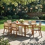 THINK 30 7-Piece Acacia Wood Outdoor Dining Set, Patio Dining Furniture Set, Modern 6 Chairs 1 Large Table, for Lawn, Backyard, Garden Deck,Poolside,Beige