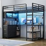 Twin Size Loft Bed with U-Shaped Desk & RGB LED Lights, Metal Loft Bed with Glass Display Cabinet, Built-in Charging Station, 6 Fabric Drawers, Open Shelves & Grid Panel for Teens & Adults, Black