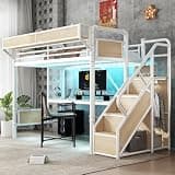 Bellemave Twin XL Loft Bed with Desk,& Pegboard, Metal Loft Bed Frame with Storage Stairs, Wardrobe & Beside Shelf, Heavy Duty Loft Bed Twin XL Size with Charging Station & LED Lights, White & Natural
