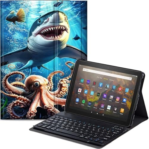 Qindaiwen Keyboard Case for All-New Amazon Fire HD 8/8 Plus (12th Generation/10th Generation, 2024/2022/2020 Release), PU Leather Stand Cover with Detachable Bluetooth Keyboard, Shark Octopus