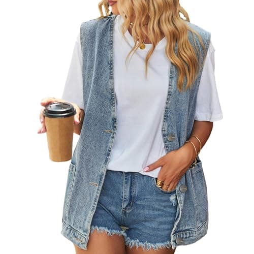 Tazeap Denim Vests for Women V Neck Open Front Button Down Sleeveless Denim Jacket Summer Waistcoat Jeans Vest Tops