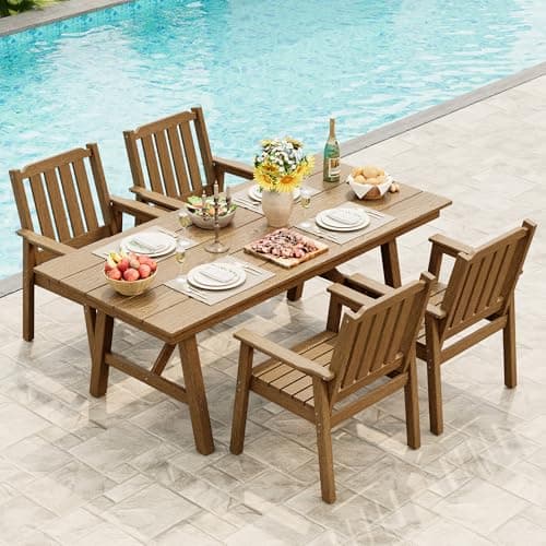 Takywep 5-Piece Outdoor Dining Set for 4 People, HDPE All Weather Patio Furniture with Large Table Umbrella Hole, Modern Armless Chairs for Backyard Garden Deck, Natural