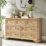 T4TREAM Farmhouse 7 Drawers Dresser for Bedroom, 54" Wide Wood Rustic Chest of Drawers with Natural Texture, Vintage Design, Storage Dressers Organizer for Bedroom, Living Room, Hallway, Natural Oak