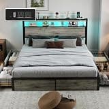 EVBFORU Full Bed Frame with 2-Tier Storage Headboard and 4 Drawers, Metal Platform Bed Frame with LED & Charging Station, No Box Spring Needed/Noise Free/Easy Assembly, Grey