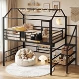 Firscook Full Size Loft Bed with Stairs, Charging Station, Storage & Light Strip, Metal House Shape Full Loft Bed, Heavy-Duty Loft Beds for Kids, Teens, No Box Spring Needed, Black