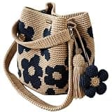JUKOOE Inscraft Crochet Flower Bag for Women, Handmade Boho Woven Bucket Bag with Adjustable Strap (Navy Blue)