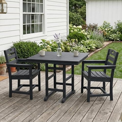 KEIKI 3-Piece HDPE Patio Dining Set Table Armchairs for Terrace Poolside Yard Garden All-Weather Durable Outdoor Dining Furniture Compact 2-Person Space Easy Maintenance Modern Living Set, Black