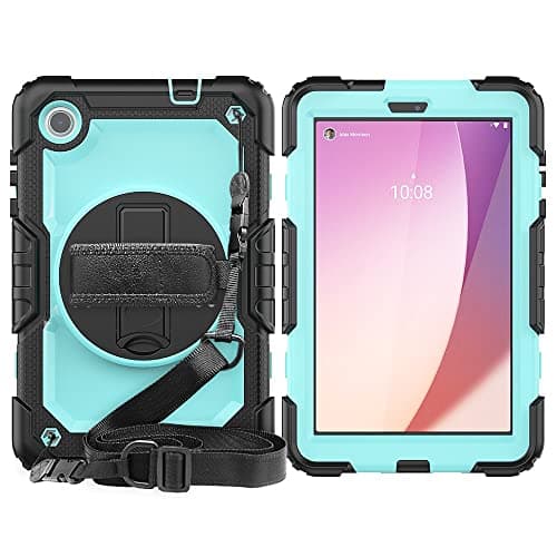 for Lenovo Tab M8 4th (Gen) 8inch (TB300XU) 2023 Heavy Duty Shockproof TPU Case,Protective Cover W Screen Protector 360 Swivel Kickstand+Hand Strap+Shoulder(Black Light Blue)