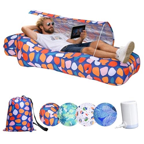 Kcuskl Inflatable Couch,Air Sofa with Sun-Shade Design,Built-in Storage,Ripstop Polyester&Stability Pegs,Portable Air Lounger for Beach,Easy to Carry,2 Inflation Ways(Included Pump) Colorful White