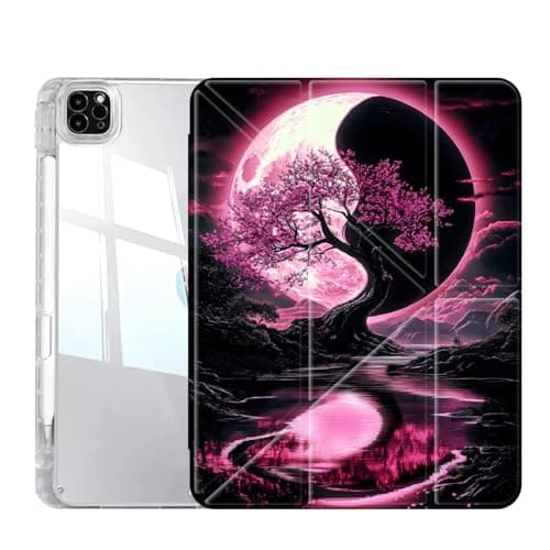 Case for iPad Pro 13 Inch (M5/M4) 2025/2024, Slim Clear Case with Pencil Holder, Multi-Angles Folding Y-Shaped Stand Cover, Yin and Yang Red Tree