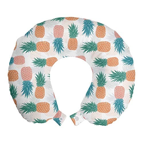 Ambesonne Pineapple Travel Pillow Neck Rest, Tropical Fruit Pattern Detailed Composition of Hawaiian Food Summer Season, Memory Foam Traveling Accessory for Airplane and Car, 12", Apricot Sea Green