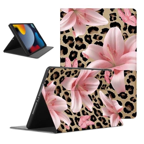Mrtponk Pink Lily Cheetah Leopard Print Flower Tablet Case for iPad 9th/8th/7th Gen Case 2021/2020/2019 10.2 Inch,Floral Pattern for Women Men Teens Protective Cover Flip PU Leather Stand Funda
