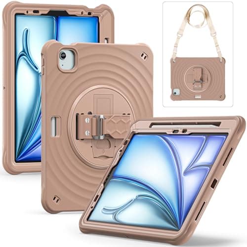 Slim Ripple Silicon+PC Case for iPad Air 11-inch 6/5/4th Gen M2 2024 and iPad Pro 11 Inch Old Model : w/ [Pencil Holder] Hand Strap Kickstand Hybrid Shockproof Armor Cover (Latte)