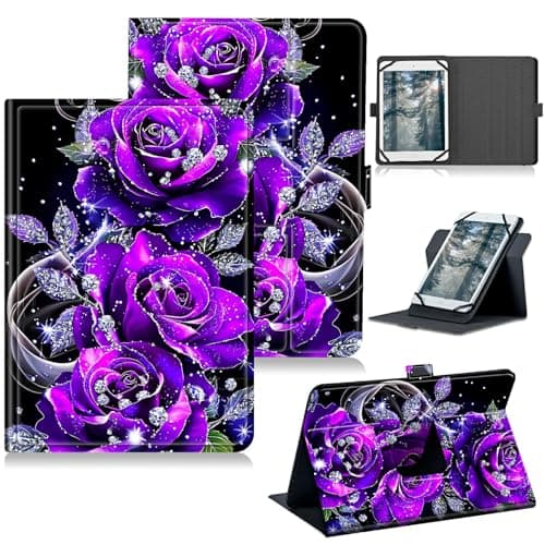 RWUTYTIUL Universal Tablet Case for T-Mobile Revvl Tab 2 10.1" 2025/Revvl Tab 5G 10.36" 2023, 360 Degree Rotating Kickstand Protective Stand PU Leather Shell Cover for 9"-10.5", Purple Rose 01