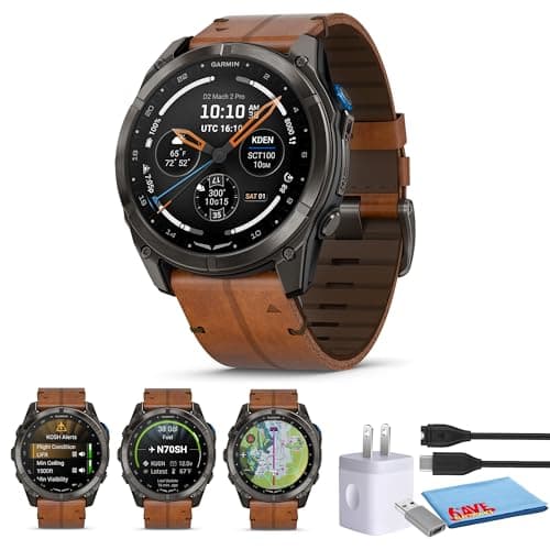 Garmin D2 Mach 2 Pro Premium Aviator Smartwatch with 51mm AMOLED Display, Titanium Bezel, GPS Flight Mapping, LTE & Satellite Messaging, LED Flashlight, Aviation Weather, Chestnut Leather Band Bundle