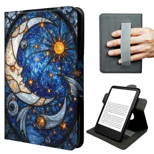 JNFBWULO Case for Kindle 11th Generation (6" Display, 2022 & 2024 Release, Basic Kindle), 360° Rotating Stand Cover with Hand Strap, Auto Sleep Wake Protective Folio - Moon & Stars Mandala