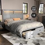Queen Size Bed Frame with 53" Tall Headboard, Farmhouse Platform Bed Frame with Roman Column Decoration Footboard & 2 Storage Drawers, LED Built in Charging Station, No Box Spring Needed（Gray)
