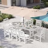 KINGYES 8-Person Outdoor Patio Dining Set with Patio Umbrella,84 inch HDPE Rectangular Table and Chairs Set，Waterproof Furniture Set with Umbrella Hole for Backyard,White