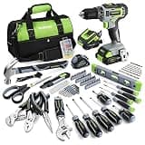 WORKPRO Home Tool Set with 20V Cordless Lithium-Ion Drill Driver, Household Repairing Tool Kit with Drill, 157PCS Power Drill Sets, 14-Inch Wide Mouth Storage Tool Bag, Green