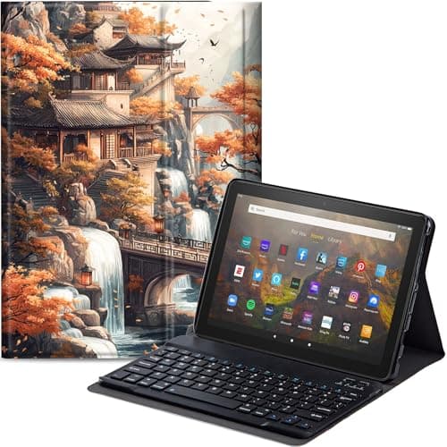 Qindaiwen Keyboard Case for All-New Amazon Fire HD 8/8 Plus (12th Generation/10th Generation, 2024/2022/2020 Release), PU Leather Stand Cover with Detachable Bluetooth Keyboard, Ancient House