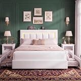 Garvee Queen Size Storage Bed Frame with 4 Drawers, LED Lights, Charging Station, Adjustable Headboard, PU Leather Upholstered Platform Bed, Wooden Slats Support, No Box Spring Needed, White