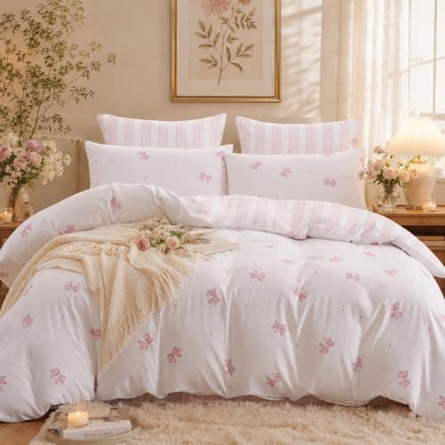 Bildenly Bow Twin Comforter Set - Pink Bow Quilt Bedding Set 2 Pieces, Stripes Comforter Set Twin Size, Soft & Lightweight Comforter(68‘’ x 90‘’) for Girl All Season & 1 Pillowcase(30‘’x20‘’)