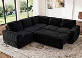 HONBAY Modular Sectional Sleeper Sofa with Pull Out Bed,Corduroy L Shaped Couch with Storage, Sectional Couches for Living Room,Black