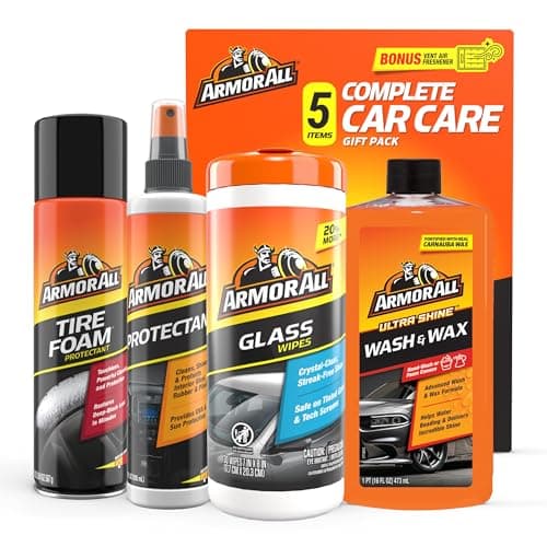 Armor All Complete Car Care Kit - 4-Piece Bundle with Car Wash & Wax, Glass Cleaner Wipes, Tire Foam & UV Protectant Spray, Gift for Car Lovers