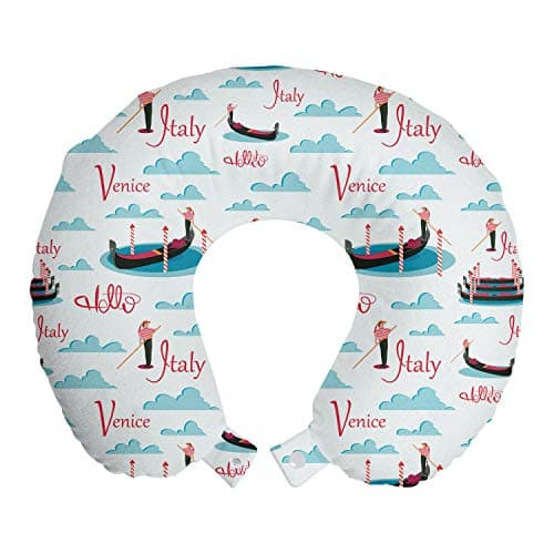 Ambesonne Italy Travel Pillow Neck Rest, Repeated Style Gondolas with Male Gondoliers from Venice and Clouds, Memory Foam Traveling Accessory for Airplane and Car, 12", Off White and Multicolor