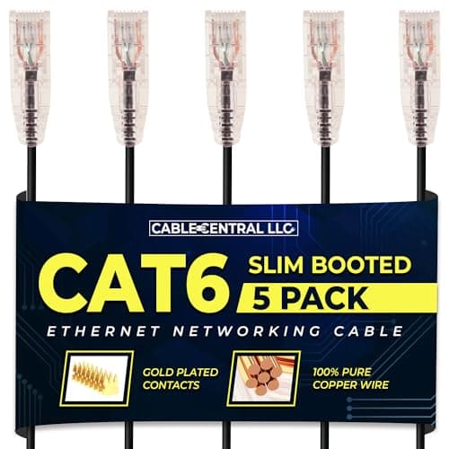 Cable Central LLC Slim Cat6 Ethernet Networking Patch Cable, 3 Feet, Black, 5 Pack, 10 Gbps Speed, RJ45 Connector M/M Pure Copper Internet Wire, Gold Plated Contacts