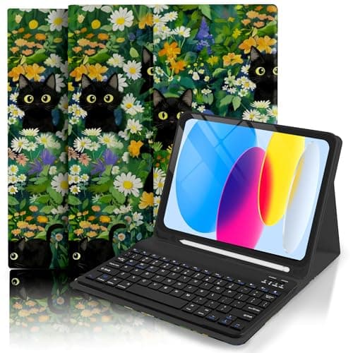 TopPerfekt Case Keyboard for iPad Gen 11th (A16) 11'' 2025/10th 10.9-inch 2022,Cute Floral Stylish Aesthetics Design Protective with Pencil Holder for 10.9'' with Keyboard,Detachable-Black Cat Flowers