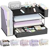 gianotter Wood Desk Organizers and Accessories with File Holder, 4-Tier Desk Accessories & Workspace Organizers with Drawer and Pen Holder, Desk Reference Organizer (Black, 4T with Drawer)