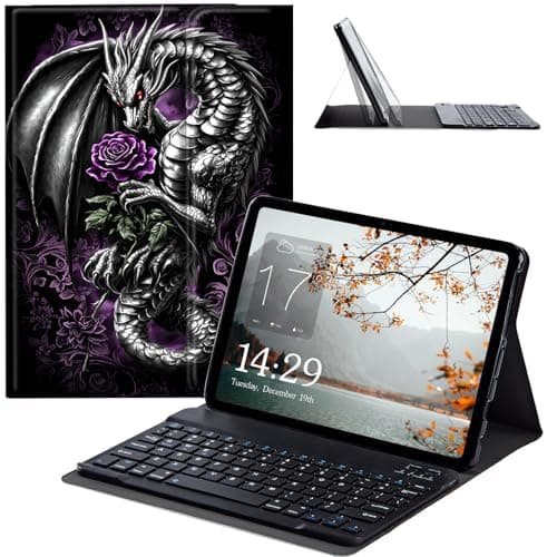 JANENFNA Galaxy Tab S6 Lite 2022/2020 Case with Keyboard, Slim Detachable Wireless Bluetooth Keyboard Case for Samsung Tab S6 Lite Tablet SM-P610/ P613/ P615/ P619 -Dragon & Purple Rose