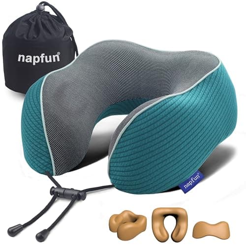 napfun Neck Pillow for Traveling, Upgraded Travel Neck Pillow for Airplane 100% Pure Memory Foam Travel Pillow for Flight Headrest Sleep, Portable Plane Accessories, Teal