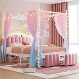 Homkdom Canopy Bed Frame Full with Upholstered Storage Headboard and Charging Station & LED Lights, 2 Oversized Drawers,Heavy-Duty Support, No Box Spring,Quiet Sleep,Easy Assembly, Pink