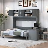Harper & Bright Designs Queen Size Murphy Bed with Desk and Storage Shelves, Solid Wood Queen Wall Bed Frame with Big Cabinets, Saving Space, Gray