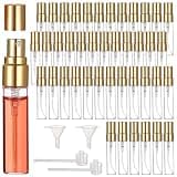 Lnrueg 50 Pcs 5 ml Perfume Bottles - Small Refillable Glass Perfume Bottles, Portable Travel Sample Containers with Caps, Fine Mist Atomizers with 2 Funnels and 2 Dispensers, Gold