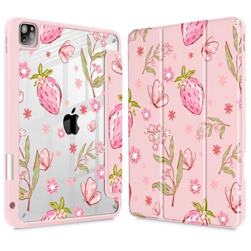 Tuiklol for iPad Pro 12.9 Inch 6th/5th/4th/3rd Generation 2022 2021 2020 2018 Case,Built-in Pencil Holder Clear Transparent Protective Back Shell Cover with Auto Sleep/Wake, trawberry-Flower
