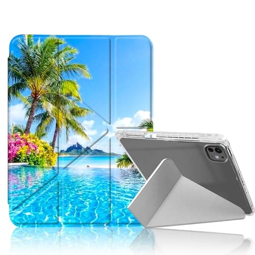 DISUOFEART for iPad Pro 13 inch Case 2024, Coconut Trees Ocean Serenity Slim Stylish Clear Protective Cover with Pencil Holder, Multi-Angle Folding Y-Shaped Stand & Auto Sleep/Wake Function