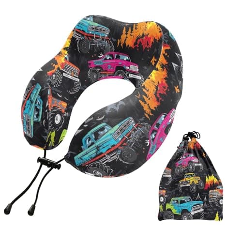 SPRIPORT Black Monster Trucks Travel Neck Pillow for Sleeping Airplane Memory Foam Neck Support Pillow with Storage Bag Head Support Pillow for Long Flight Car Train Bus Home Office Adults Kids