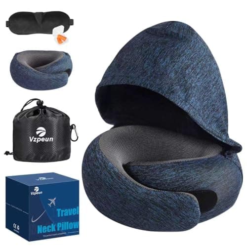 Vzpeun Travel Pillow - Hooded Neck Pillow Airplane Memory Foam Filling for Plane, Office, Cars Sleeping, Road Trip, Long Flights, Airplane Travel Essentials, Includes Eye Mask & Earplugs