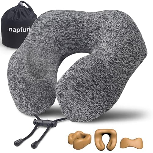 napfun Neck Pillow for Traveling, Upgraded Travel Neck Pillow for Airplane 100% Pure Memory Foam Travel Pillow for Flight Headrest Sleep, Portable Plane Accessories, Full Grey