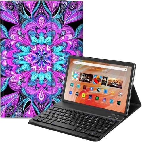 Qindaiwen Keyboard Case for Amazon Fire HD 10 Tablet (13th/11th Generation,2023/2021 Release) 10.1", PU Leather Stand Cover with Detachable Bluetooth Keyboard, Heart Pattern