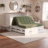 Garvee Murphy Bed with Storage & Charging Station, Farmhouse Cabinet Bed with Foldable Panel, Noiseless Hideaway Platform Bed for Living Room, Guest Bedroom, Home Office – White (with Green Mattress)