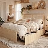 Brafab Natural Rattan Queen Bed Frame with Wooden Headboard and 4 Storage Drawers, Boho Cane Bed Metal Platform Bed with Strong Wooden Slat, Noise Free, No Box Spring Needed